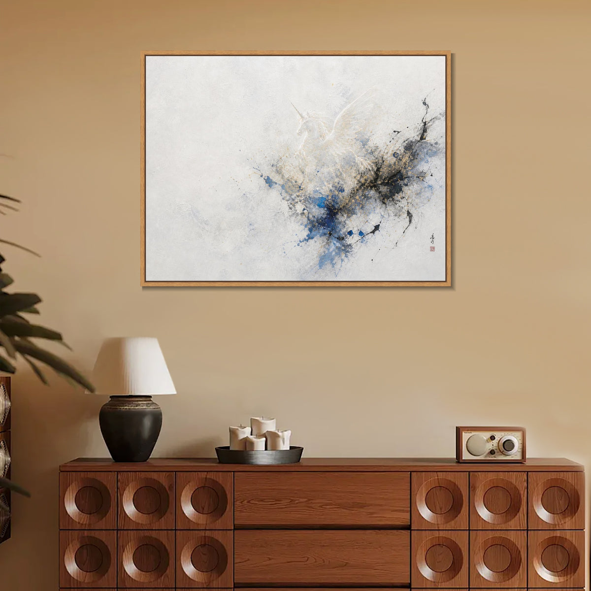 INVIN ART Framed Canvas 100% Handpainted Oil Painting Unicorn in Blue and Gold Mist Wall Art