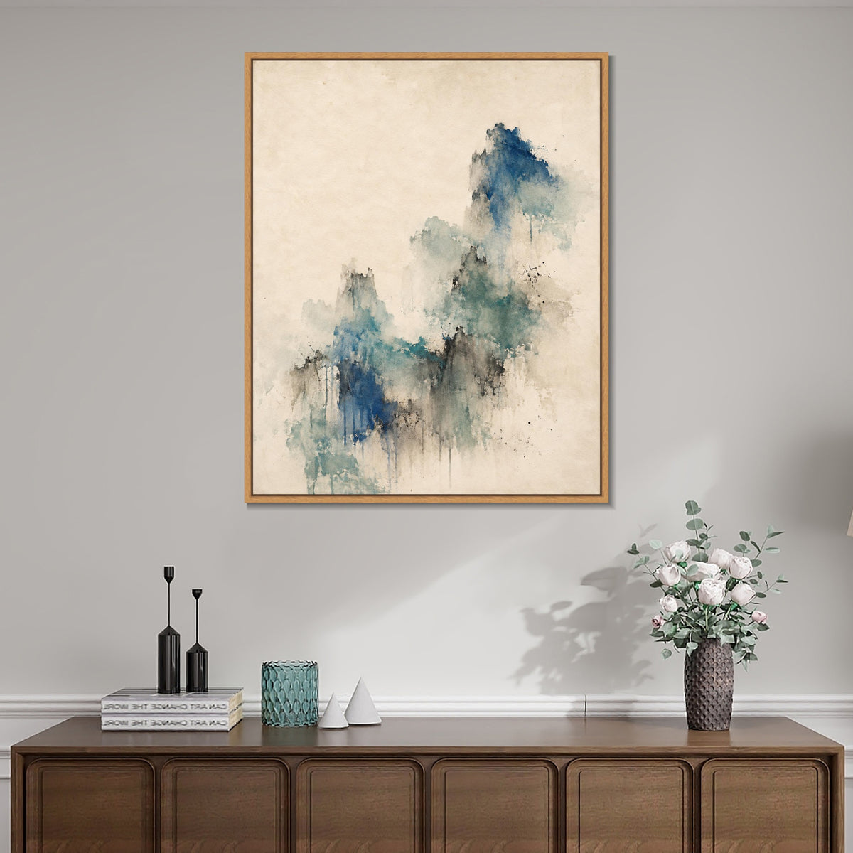 INVIN ART Framed Canvas 100% Handpainted Oil Painting Blue Green Memory Wall Art
