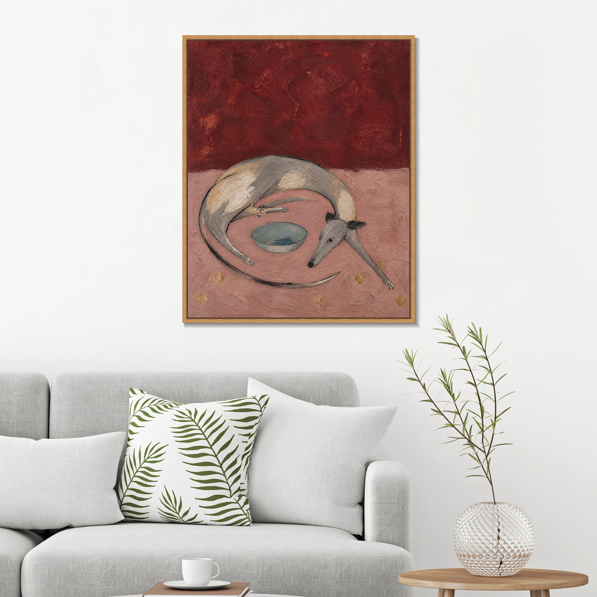 INVIN ART Framed Canvas 100% Handpainted Oil Painting Resting Dog and the Bowl Wall Art