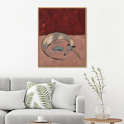 INVIN ART Framed Canvas 100% Handpainted Oil Painting Resting Dog and the Bowl Wall Art
