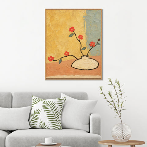 INVIN ART Framed Canvas 100% Handpainted Oil Painting Red Flowers Against Yellow Wall Art