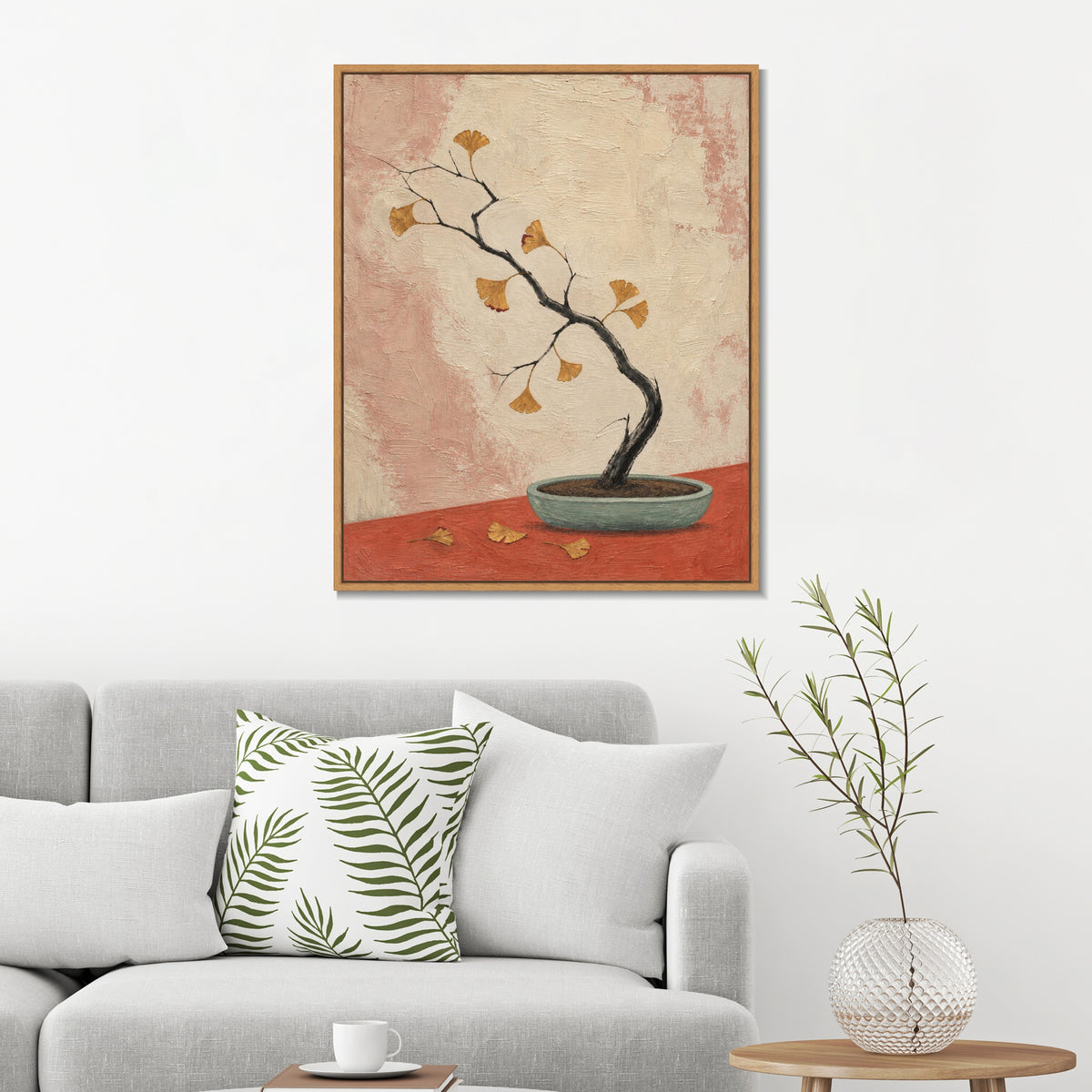 INVIN ART Framed Canvas 100% Handpainted Oil Painting Ginkgo Branch in a Shallow Pot Wall Art