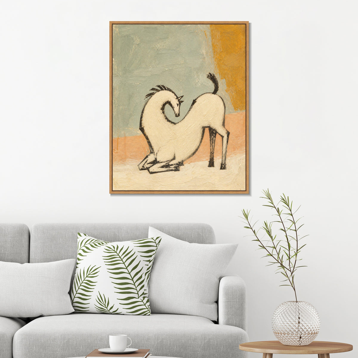 INVIN ART Framed Canvas 100% Handpainted Oil Painting White Horse with a Curved Neck Wall Art