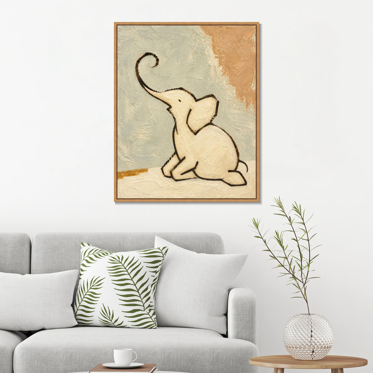 INVIN ART Framed Canvas 100% Handpainted Oil Painting Elephant with a Raised Trunk Wall Art