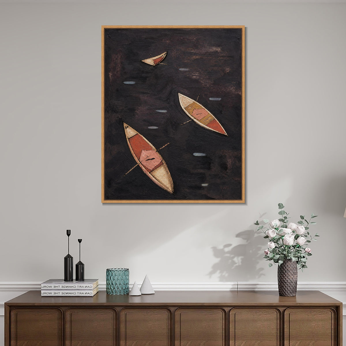 INVIN ART Framed Canvas 100% Handpainted Oil Painting Three Boats on Dark Water Wall Art