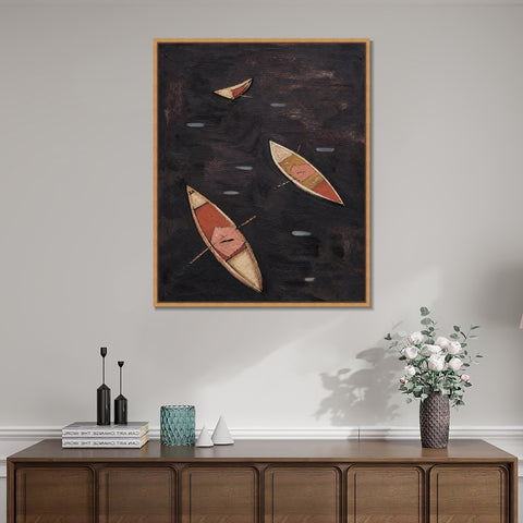 INVIN ART Framed Canvas 100% Handpainted Oil Painting Three Boats on Dark Water Wall Art