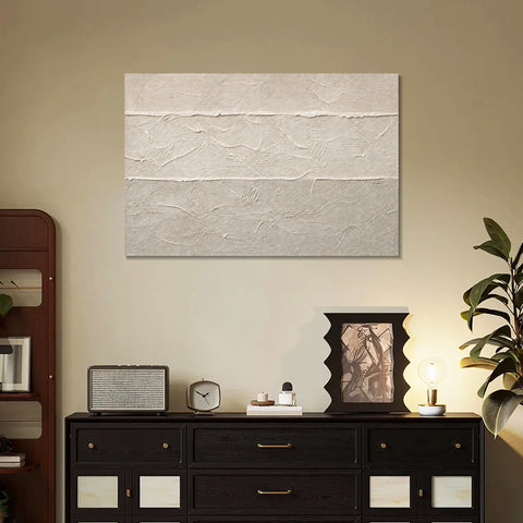 INVIN ART Framed Canvas 100% Handpainted Oil Painting White Horizontal Traces Wall Art
