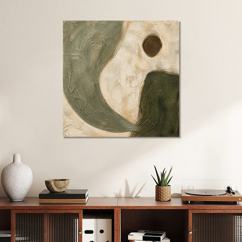 INVIN ART Framed Canvas 100% Handpainted Oil Painting Curves and a Brown Circle Wall Art