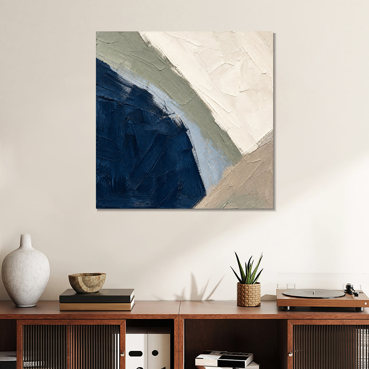 INVIN ART Framed Canvas 100% Handpainted Oil Painting Deep Blue Curved Shore Wall Art