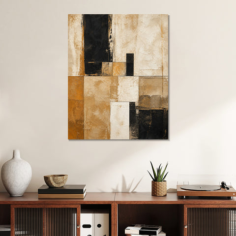 INVIN ART Framed Canvas 100% Handpainted Oil Painting Sand and Black Grid Wall Art