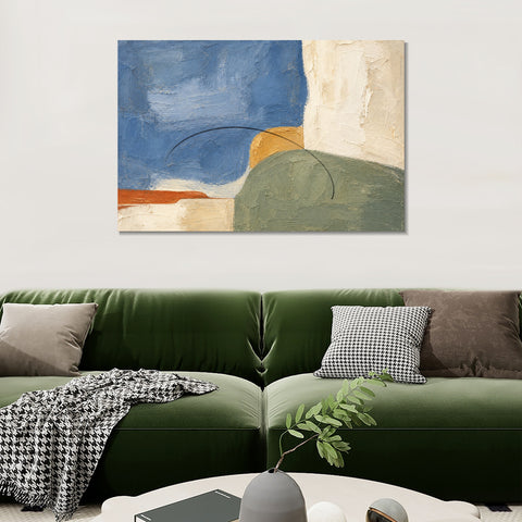 INVIN ART Framed Canvas 100% Handpainted Oil Painting Blue Field and Green Hill Wall Art