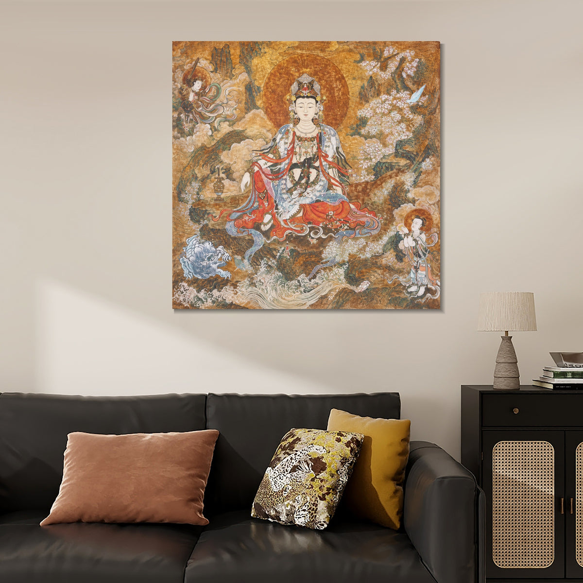 INVIN ART Framed Canvas 100% Handpainted Oil Painting Guanyin Among Blossoms Wall Art