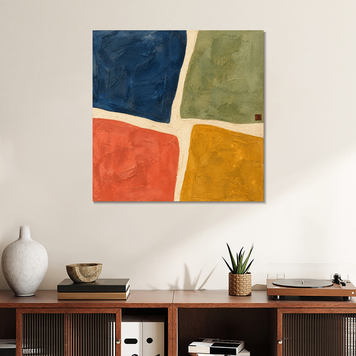 INVIN ART Framed Canvas 100% Handpainted Oil Painting Four Fields of Color Wall Art