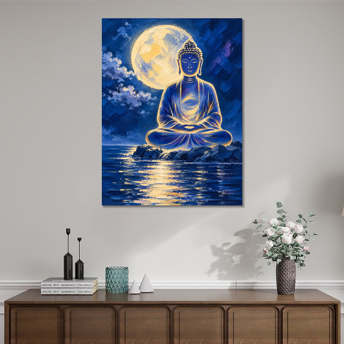 INVIN ART Framed Canvas 100% Handpainted Oil Painting Buddha Beneath the Full Moon Wall Art