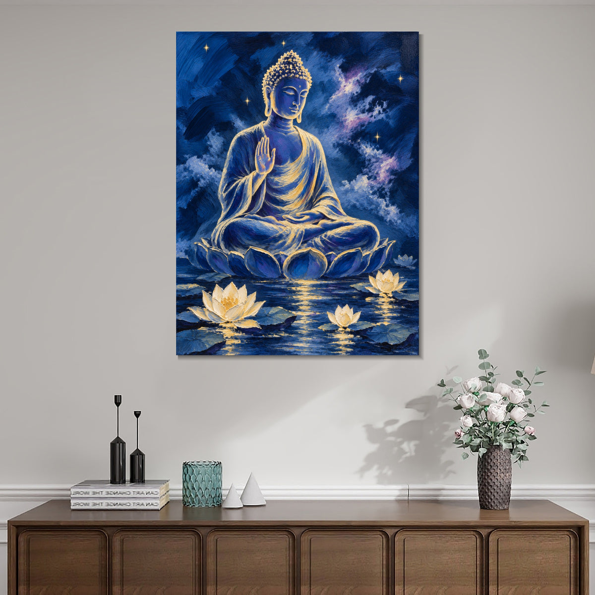INVIN ART Framed Canvas 100% Handpainted Oil Painting Buddha Above the Lotus Pool Wall Art