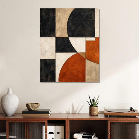 INVIN ART Framed Canvas 100% Handpainted Oil Painting Black and Rust Arc Grid Wall Art