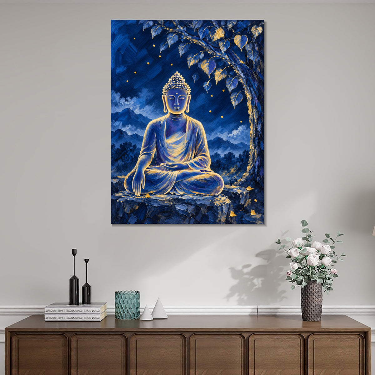 INVIN ART Framed Canvas 100% Handpainted Oil Painting Buddha Beneath the Night Tree Wall Art