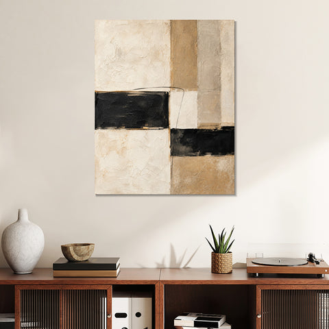 INVIN ART Framed Canvas 100% Handpainted Oil Painting Black Bands and Sand Columns Wall Art
