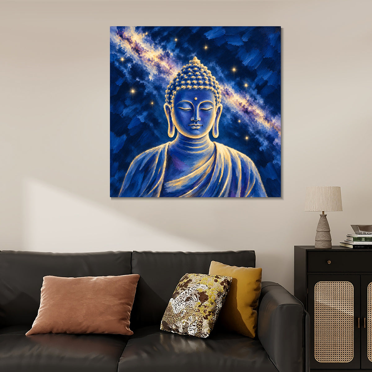 INVIN ART Framed Canvas 100% Handpainted Oil Painting Buddha in the Starry Sky Wall Art