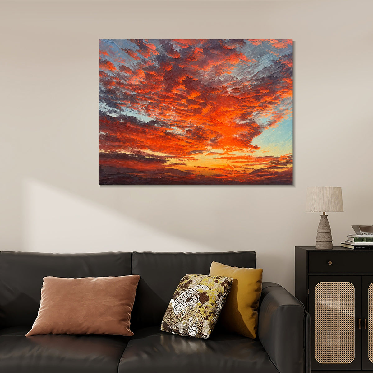 INVIN ART Framed Canvas 100% Handpainted Oil Painting Ember Clouds at Dusk Wall Art