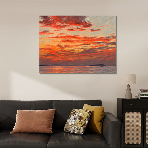 INVIN ART Framed Canvas 100% Handpainted Oil Painting Crimson Evening Over the Sea Wall Art