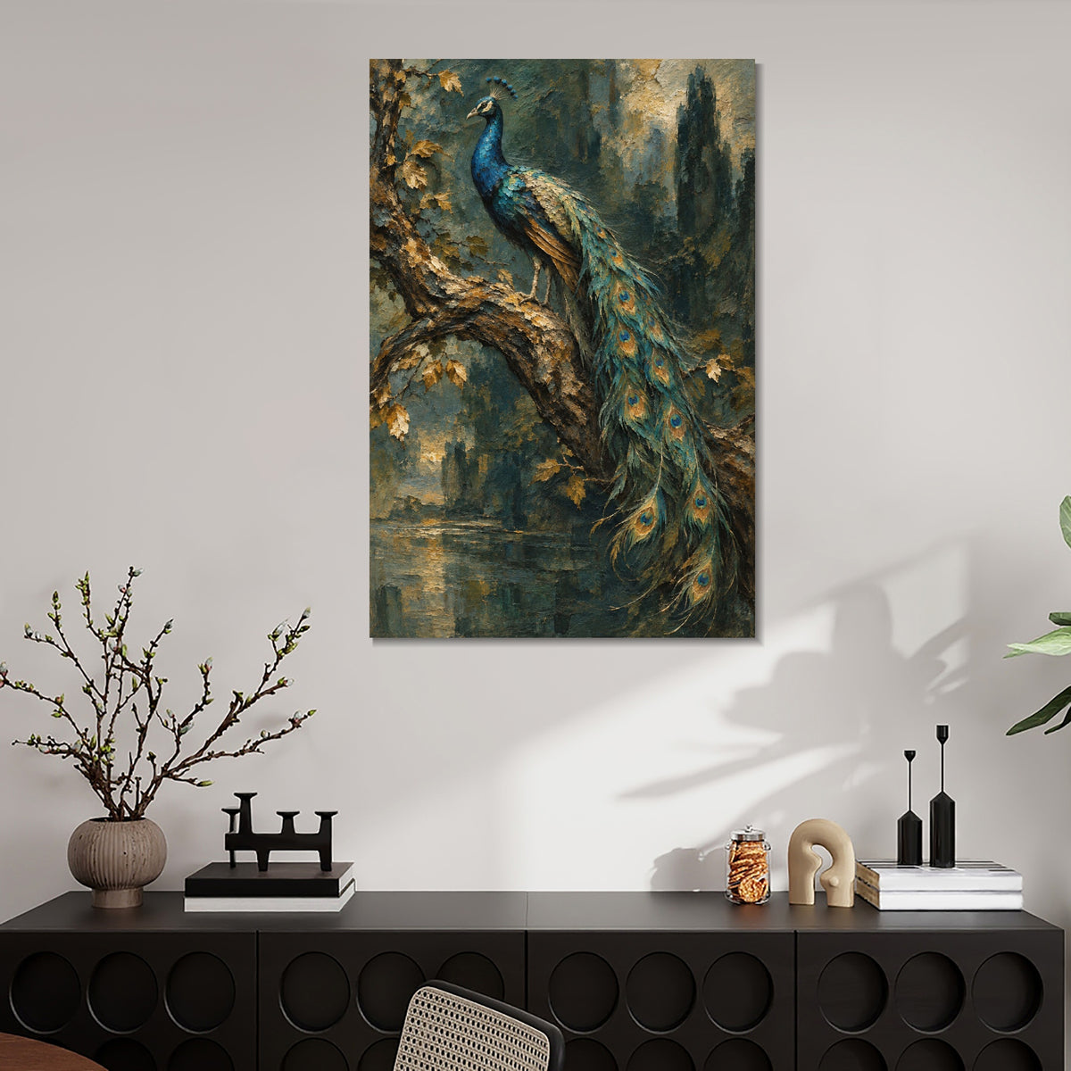 INVIN ART Framed Canvas 100% Handpainted Oil Painting Peacock on a Woodland Branch Wall Art