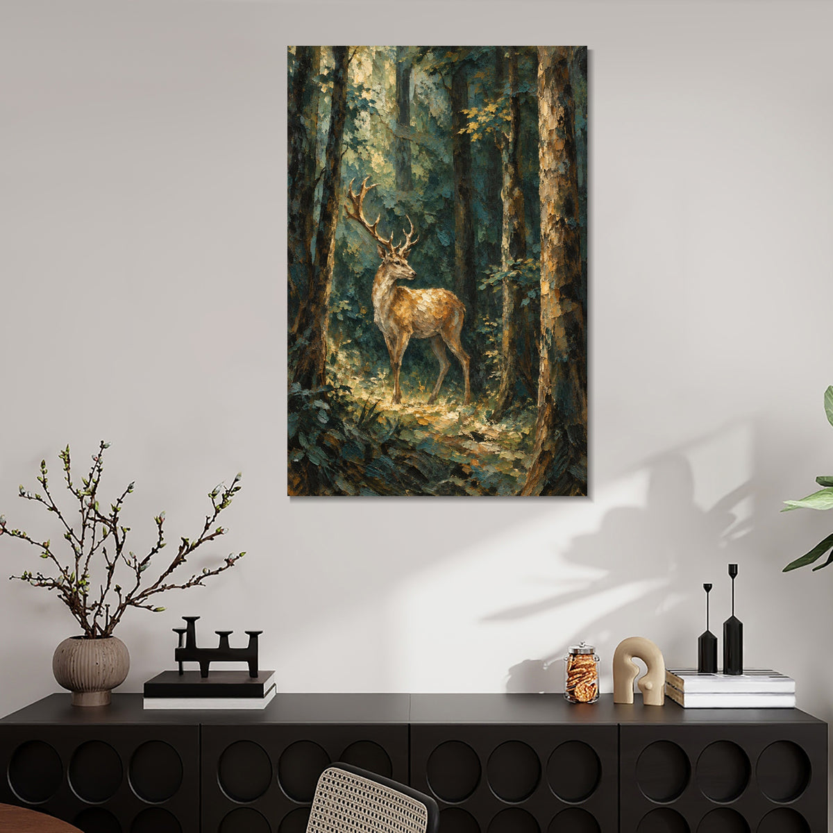 INVIN ART Framed Canvas 100% Handpainted Oil Painting Stag in the Forest Light Wall Art