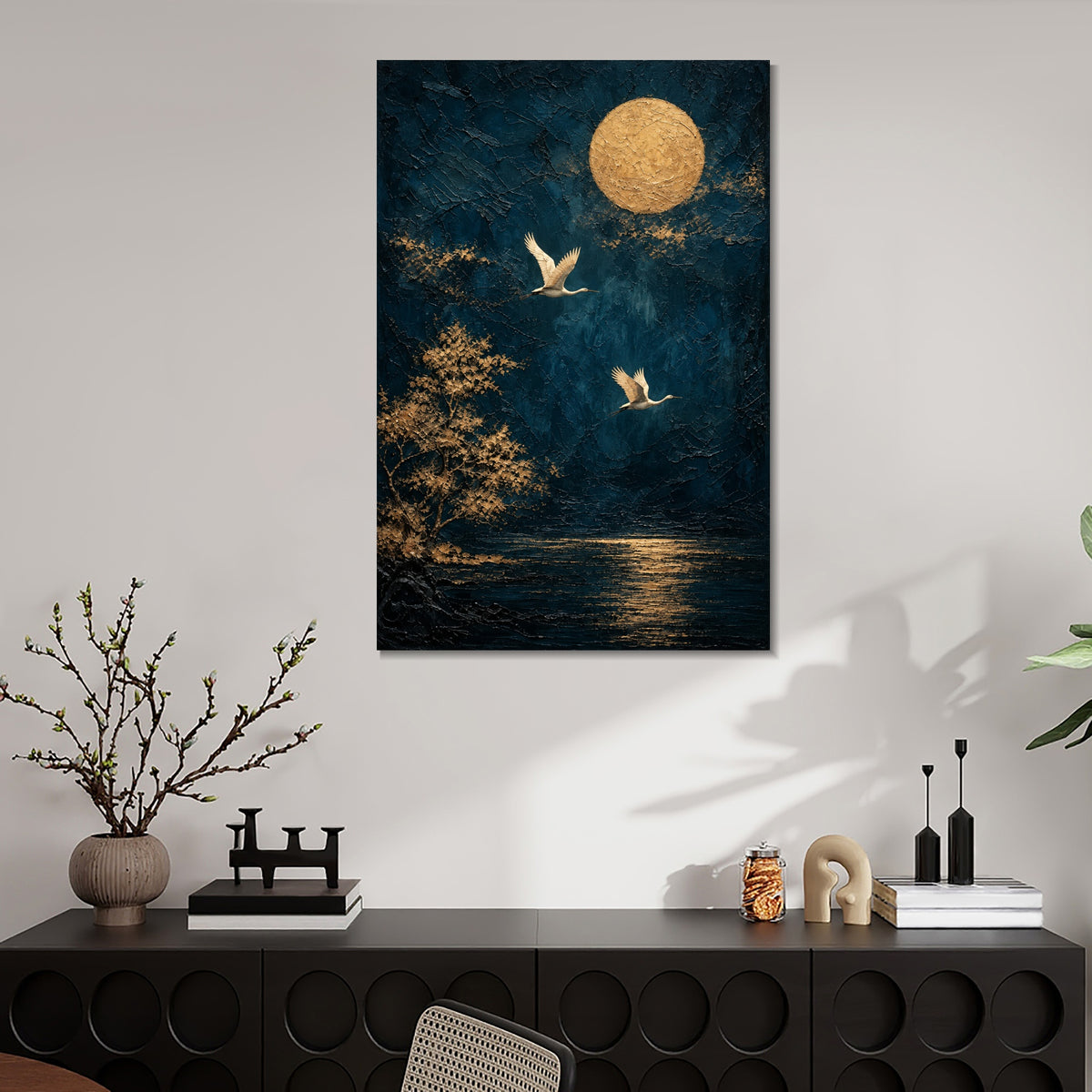 INVIN ART Framed Canvas 100% Handpainted Oil Painting Two Birds Beneath a Golden Moon Wall Art