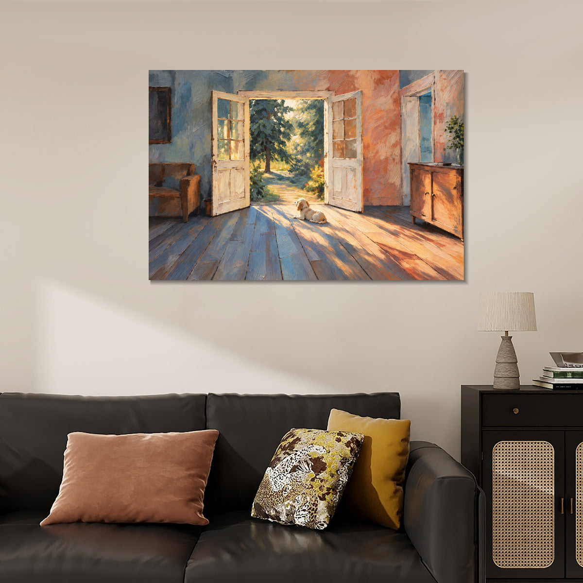 INVIN ART Framed Canvas 100% Handpainted Oil Painting Little Dog in the Doorway Light Wall Art