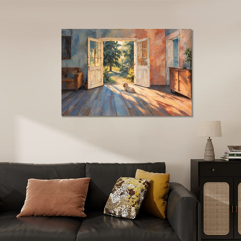 INVIN ART Framed Canvas 100% Handpainted Oil Painting Little Dog in the Doorway Light Wall Art