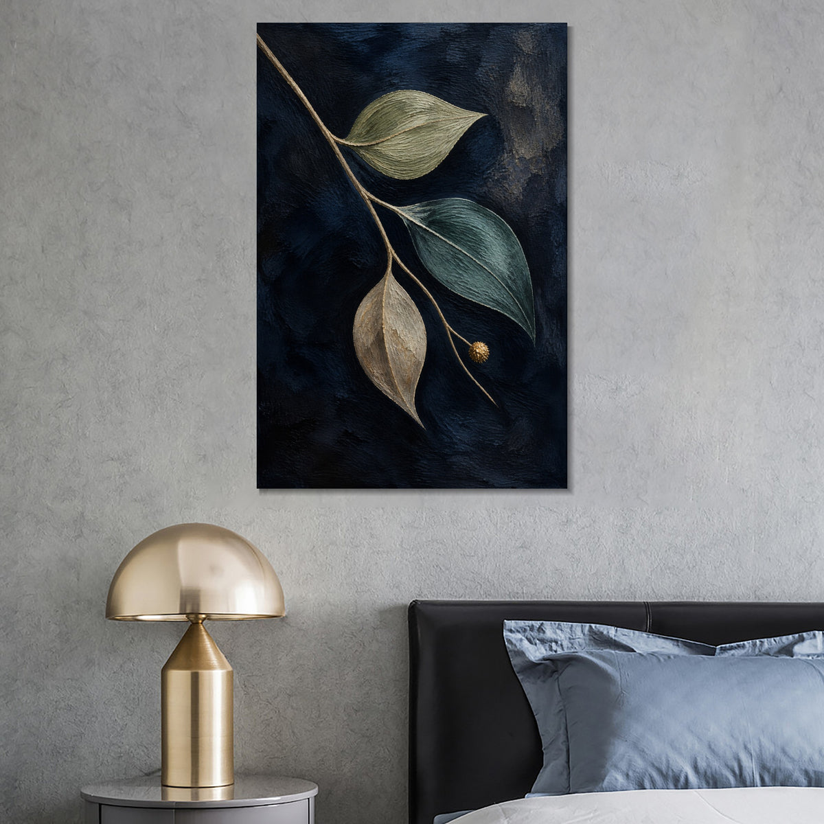 INVIN ART Framed Canvas 100% Handpainted Oil Painting Leaves Against Midnight Blue Wall Art