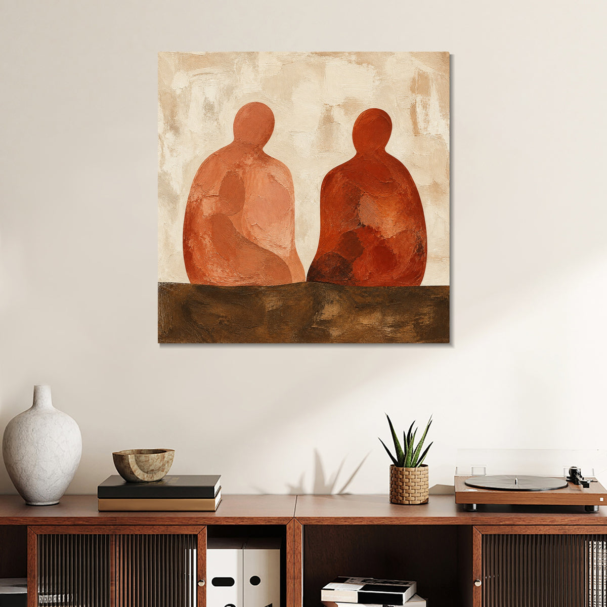 INVIN ART Framed Canvas 100% Handpainted Oil Painting Companions in Terracotta Wall Art
