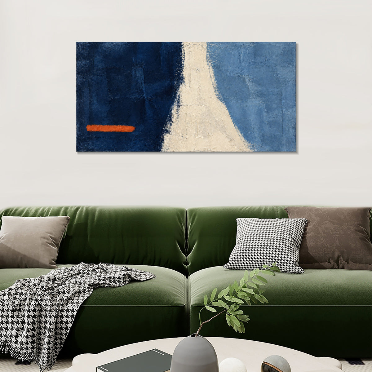 INVIN ART Framed Canvas 100% Handpainted Oil Painting Orange Line Across Blue Wall Art