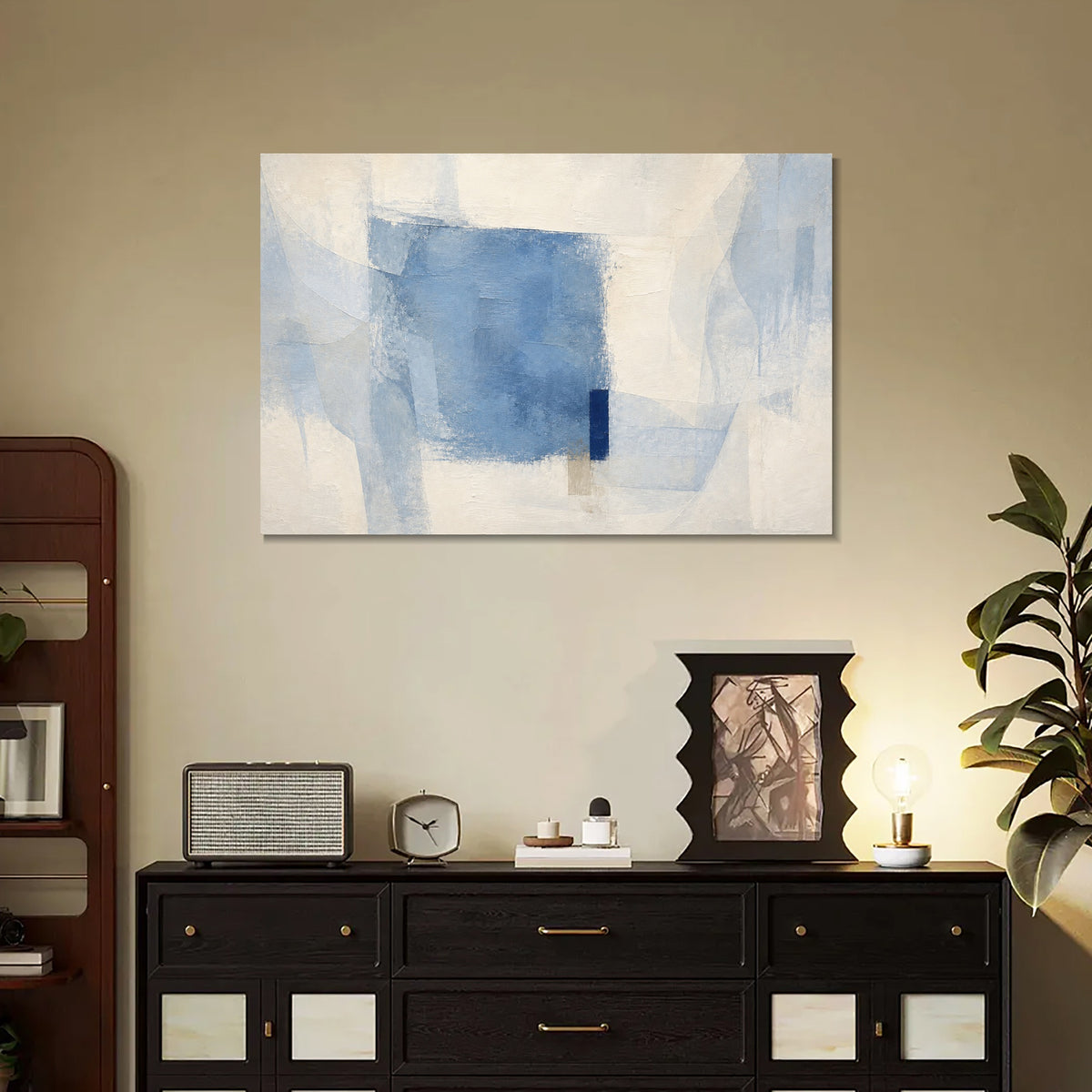 INVIN ART Framed Canvas 100% Handpainted Oil Painting Pale Blue Overlap Wall Art