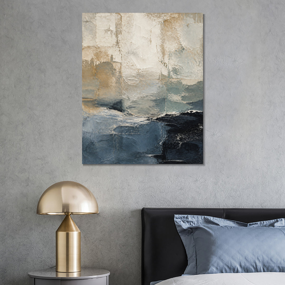 INVIN ART Framed Canvas 100% Handpainted Oil Painting Blue Gray Layered Shore Wall Art