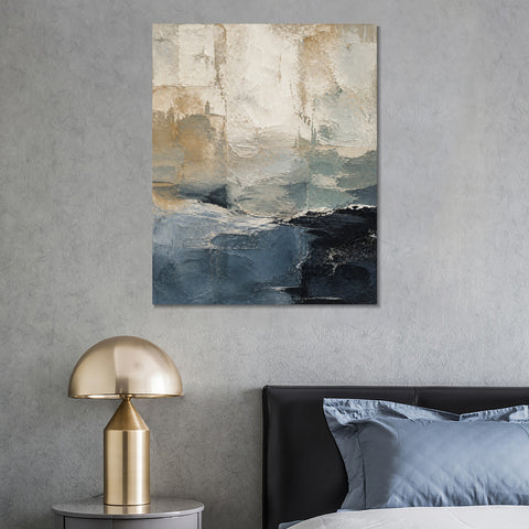 INVIN ART Framed Canvas 100% Handpainted Oil Painting Blue Gray Layered Shore Wall Art
