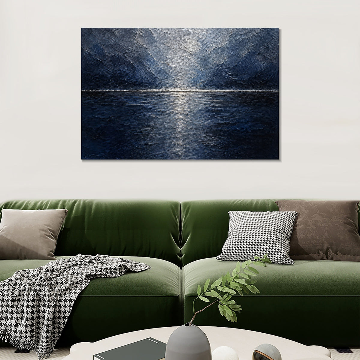 INVIN ART Framed Canvas 100% Handpainted Oil Painting Deep Blue Moonlit Lake Wall Art