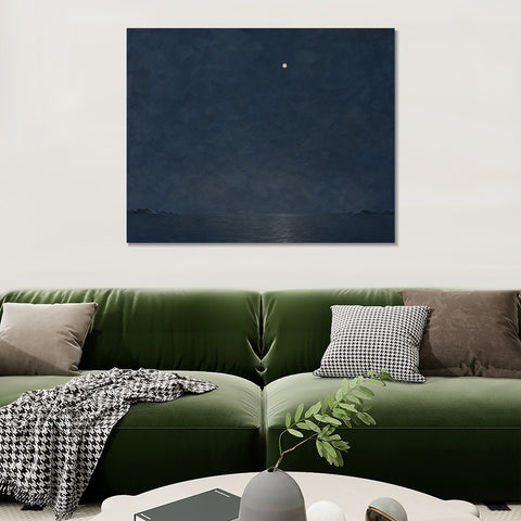 INVIN ART Framed Canvas 100% Handpainted Oil Painting One Light Above the Night Sea Wall Art