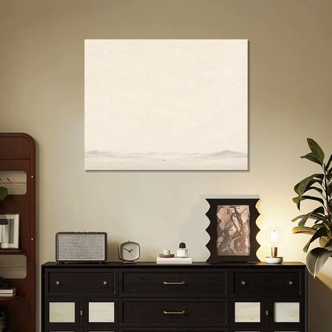 INVIN ART Framed Canvas 100% Handpainted Oil Painting A Boat and Distant Hills Wall Art