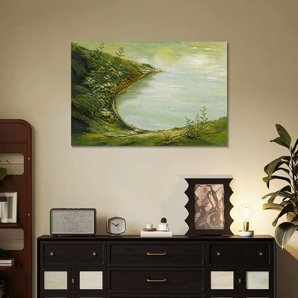 INVIN ART Framed Canvas 100% Handpainted Oil Painting Green Shore and Lake Cove Wall Art