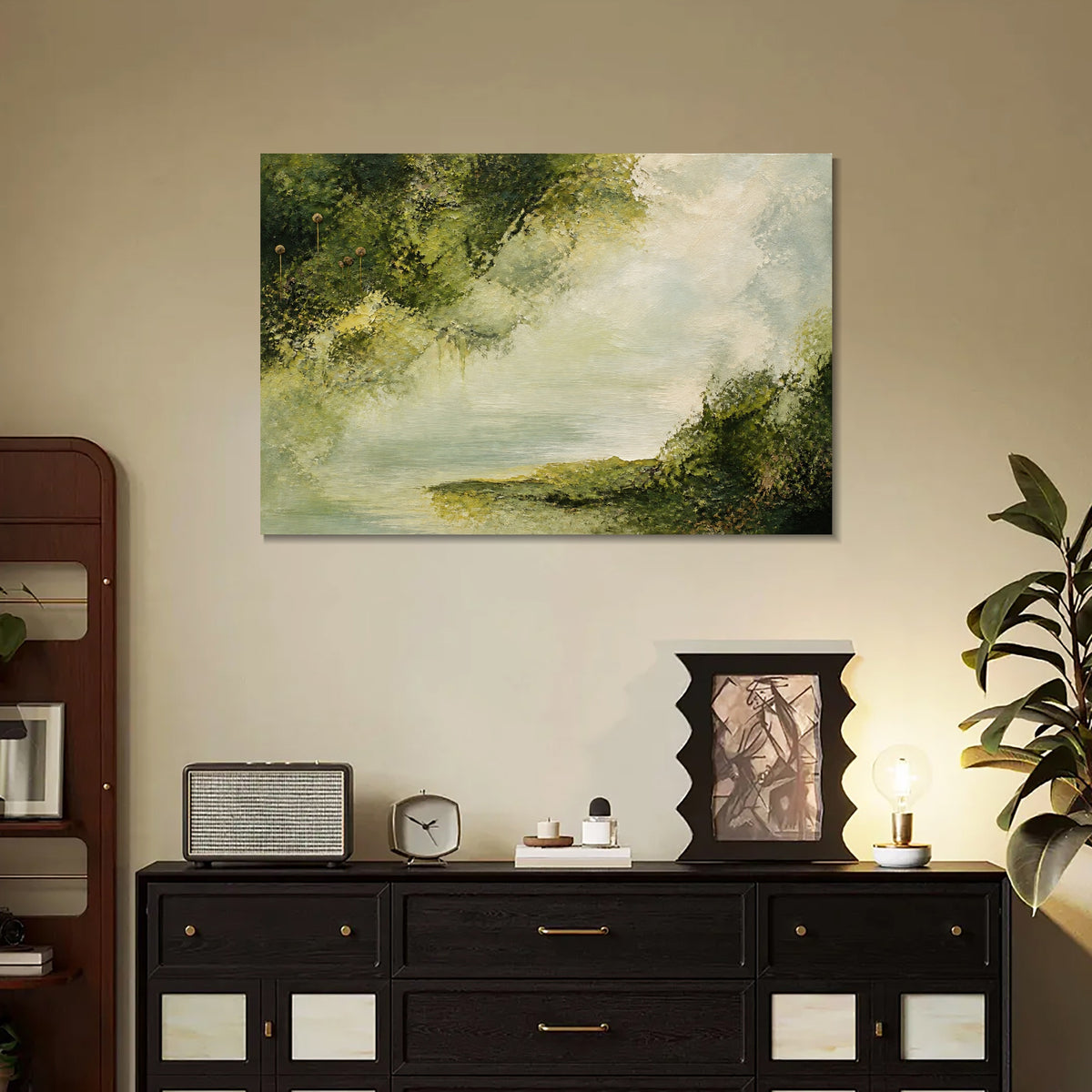 INVIN ART Framed Canvas 100% Handpainted Oil Painting Water Beneath the Woodland Canopy Wall Art
