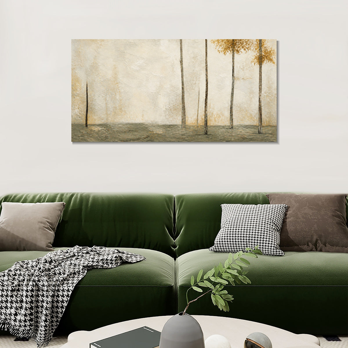 INVIN ART Framed Canvas 100% Handpainted Oil Painting Sparse Trees in Pale Gold Wall Art