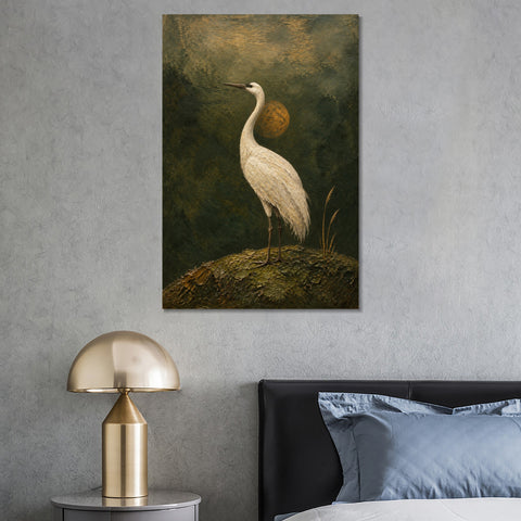 INVIN ART Framed Canvas 100% Handpainted Oil Painting Crane at Dusk Minimal Bird Landscape Wall Art