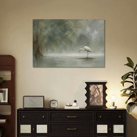 INVIN ART Framed Canvas 100% Handpainted Oil Painting Heron in Mist Minimal Bird Landscape Wall Art
