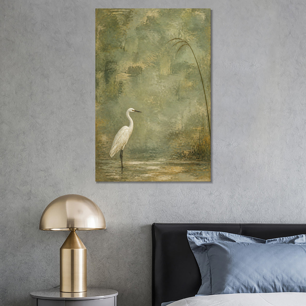 INVIN ART Framed Canvas 100% Handpainted Oil Painting White Heron Beneath a Reed Wall Art