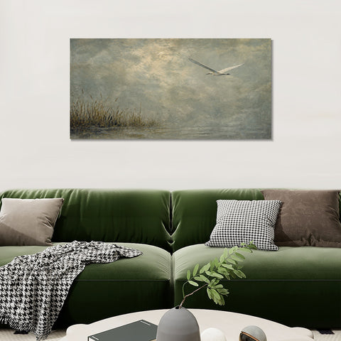 INVIN ART Framed Canvas 100% Handpainted Oil Painting Bird Above the Reed Shore Wall Art