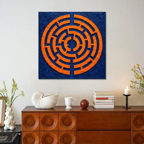 INVIN ART Framed Canvas 100% Handpainted Oil Painting Orange Maze on Indigo Wall Art