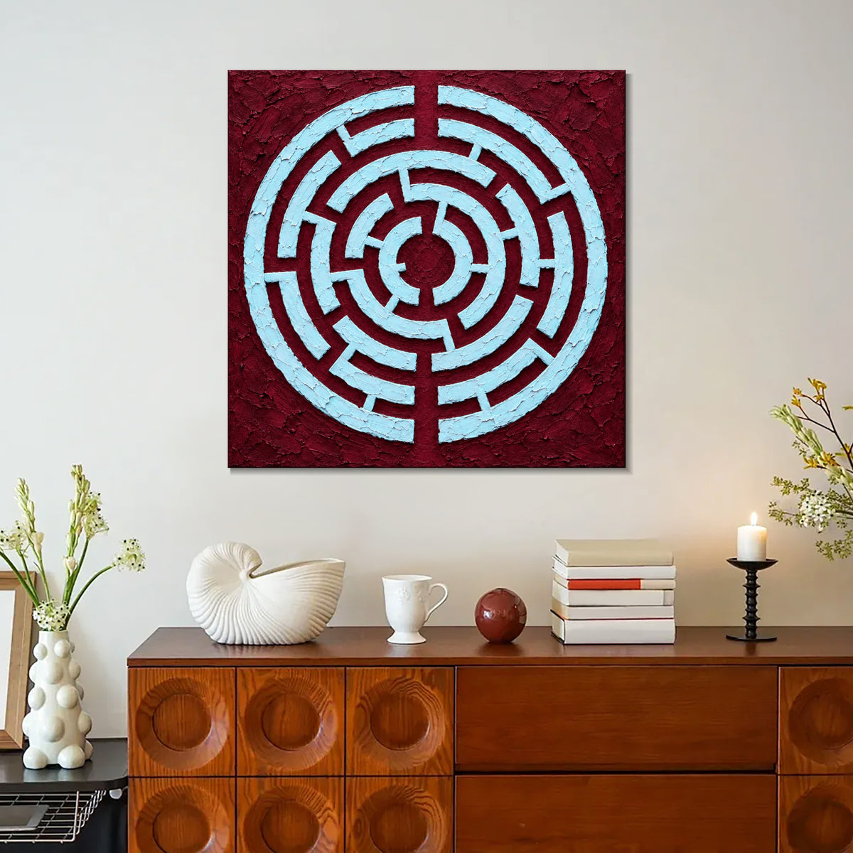INVIN ART Framed Canvas 100% Handpainted Oil Painting Ice Blue Maze on Burgundy Wall Art
