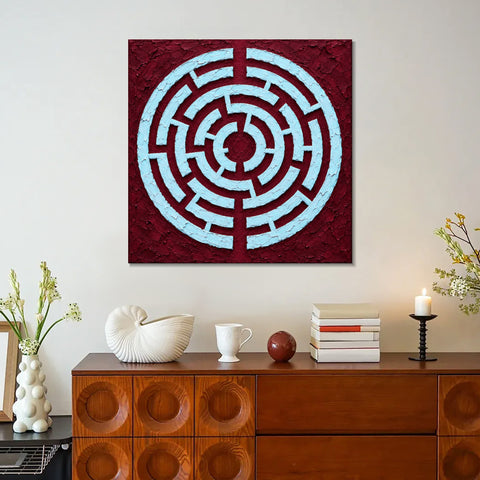 INVIN ART Framed Canvas 100% Handpainted Oil Painting Ice Blue Maze on Burgundy Wall Art