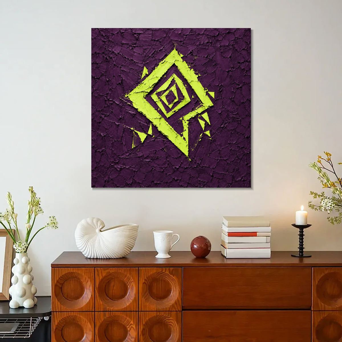 INVIN ART Framed Canvas 100% Handpainted Oil Painting Lime Diamond on Purple Wall Art